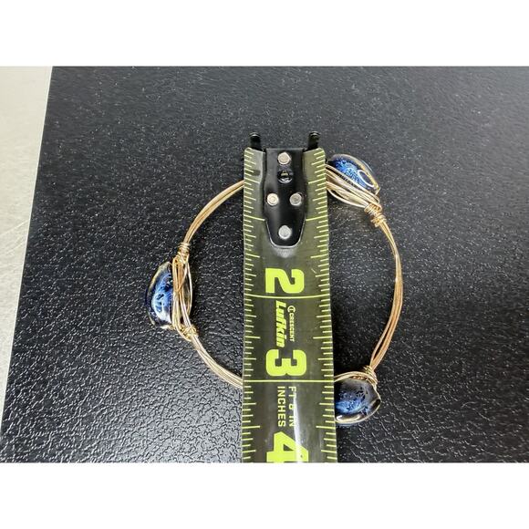 Chunky Seashell Bracelet Gold Tone Wire Wrapped Bangle Blue Shell Boho - Picture 4 of 4